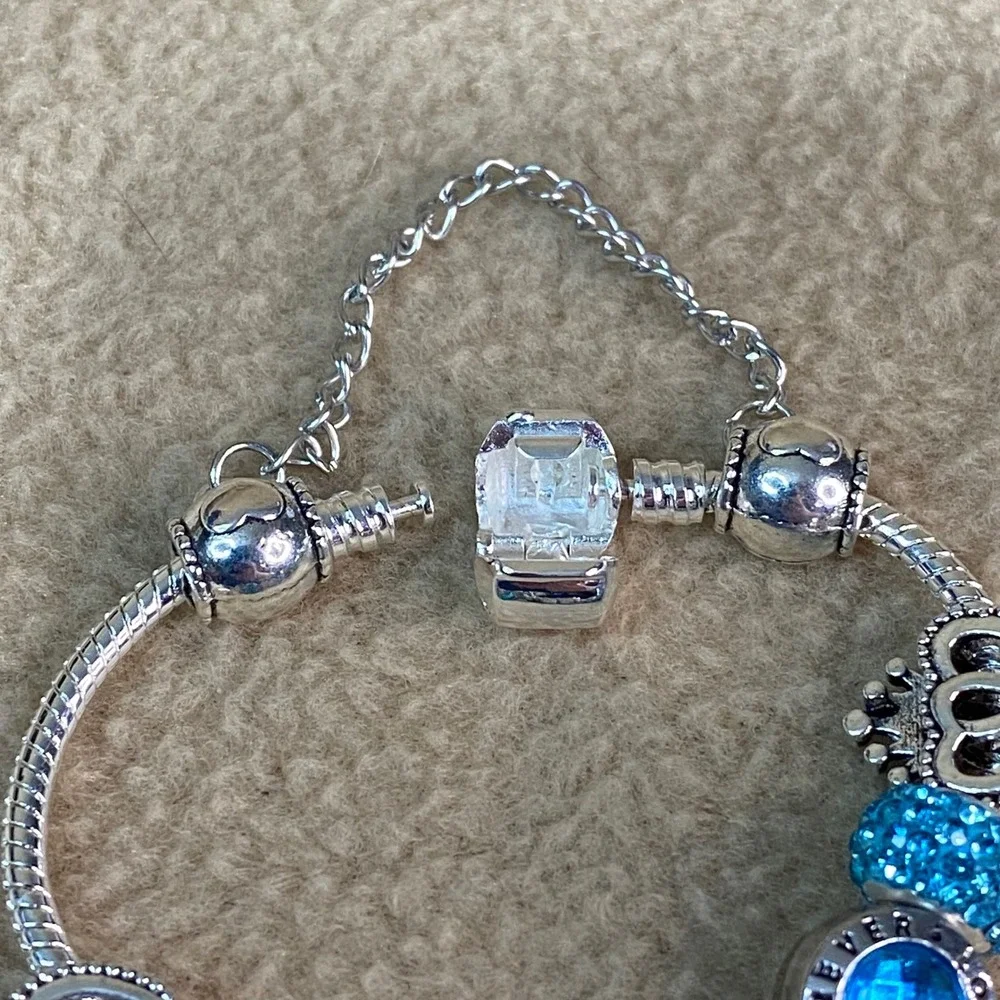 Charm Bracelet Women Blue Heart Flower Crystal Love Forever Snake Chain 7in EUC‎